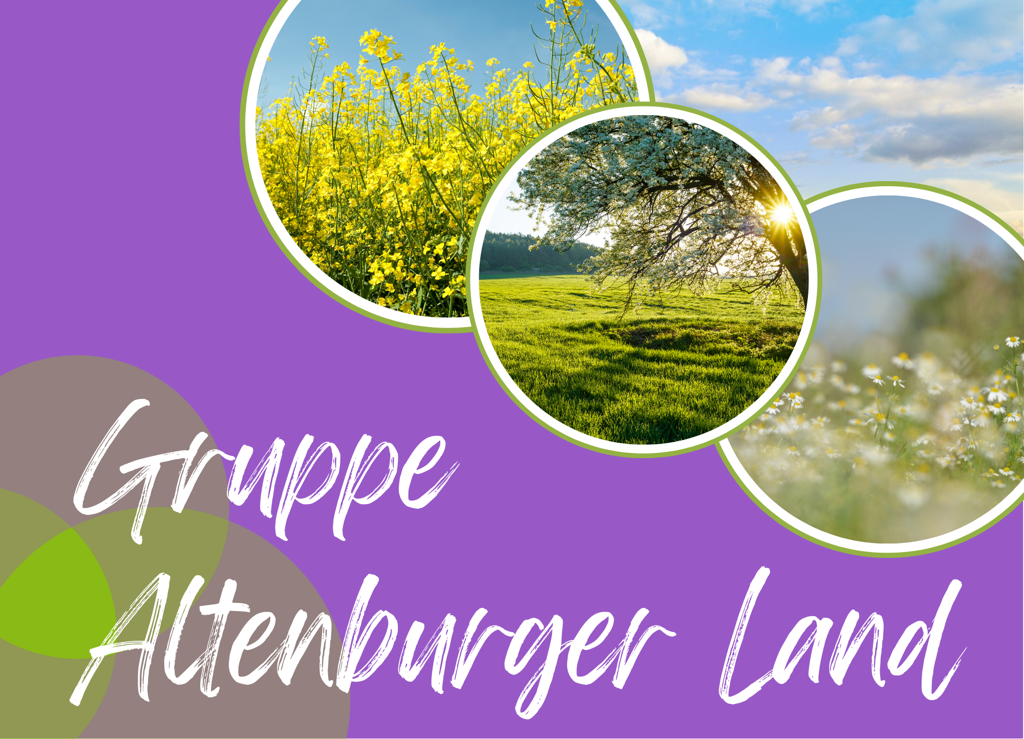 Illustration mit Naturfotos und dem Schriftzug ‚Gruppe Altenburger Land‘ – zeigt Rapsfeld, blühenden Baum auf grüner Wiese und Wiesenblumen.